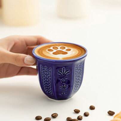 Blue Embossed Ceramic Coffee/Tea Cup, Suitable For Holding Milk, Tea And Coffee, Ideal For Home, Office And Ramadan Gatherings, Also Suitable For Ramadan And Christmas Parties