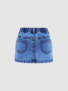 SHEIN 少女Y2K可愛粉色蝴蝶結/藍色牛仔短裙，春夏休閒度假鄉村波希米亞風，海灘、西式街頭穿搭 - 中等水洗藍 - 查看 4