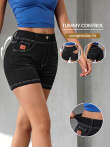 Flexra Pantaloncini di jeans casual slim fit lavati, estivi per donna - nero - Visualizzare 1