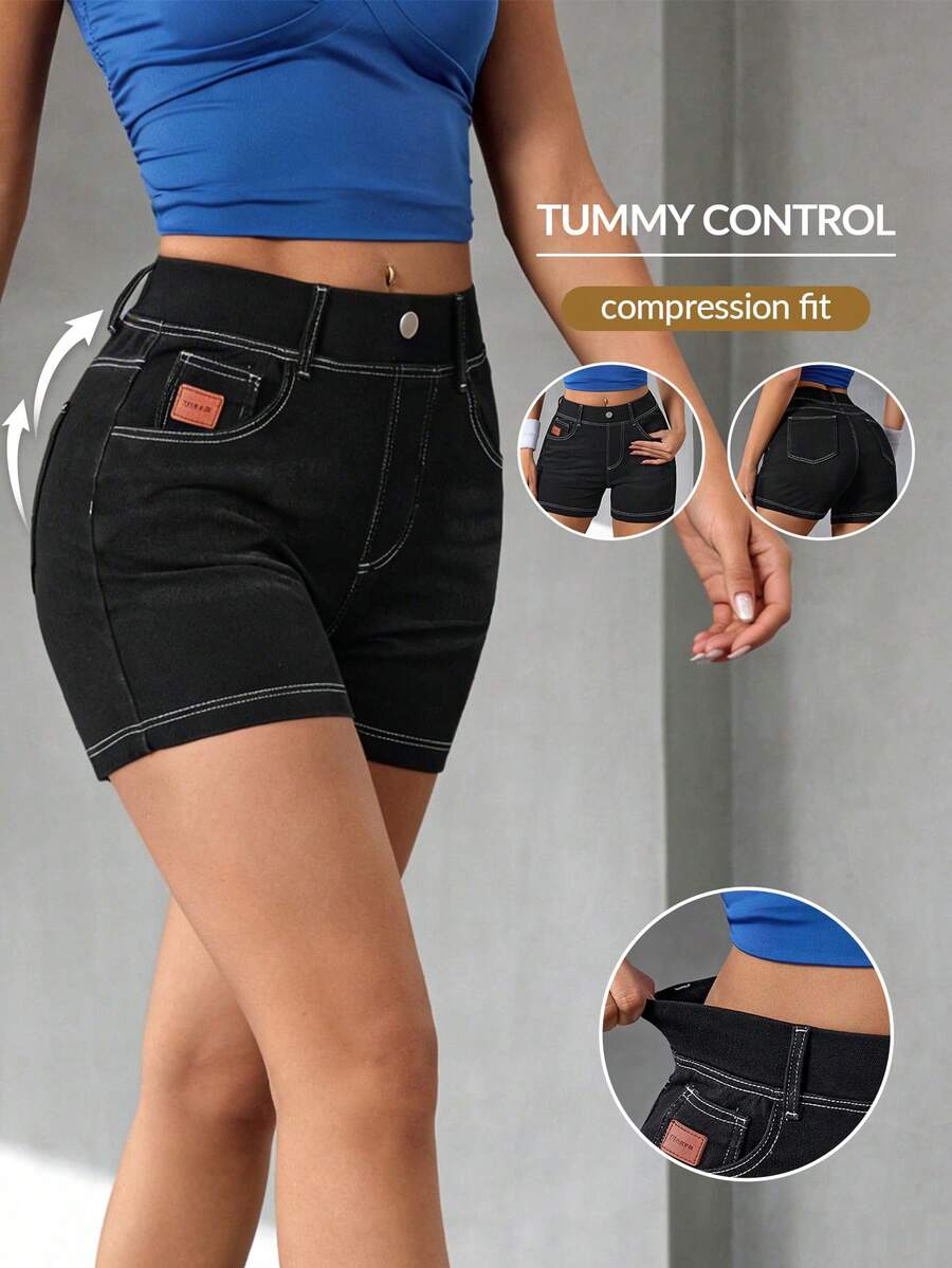 Flexra Pantaloncini di jeans casual slim fit lavati, estivi per donna - nero - Visualizzare 1