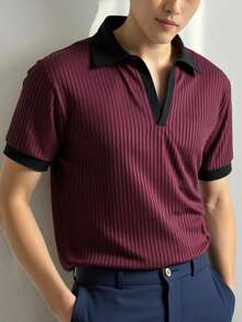 Manfinity Homme 男士撞色滚边休闲百搭通勤短袖Polo衫 - 酒紅色 - 查看 6
