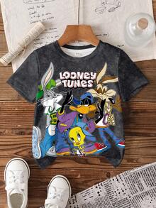 LOONEY TUNES X SHEIN 男童卡通图案短袖休闲T恤 - 白色 - 查看 1