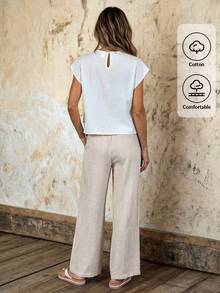 EMERY ROSE 女士纯色圆领短袖衬衫搭配阔腿裤优雅休闲套装 - 白色 - 查看 2