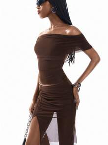Airlisse Women's Elegant Sexy Brown Off Shoulder Ruched Bandeau Mesh Sheer Cinched Waist Top + Low-Waist Slit Ruched Mesh Sheer Straight Skirt 2-Piece Set - Brown - View 4