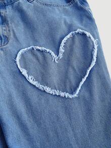 SHEIN CURVE+ Jeans casual ample et décontracté avec poches pour femmes grandes tailles, jeans en denim de Noël, Nouvel An, pour tous les jours, cadeau de Noël, revival Y2K, style de rue oversize, rentrée scolaire, avec broderie cœur, style ludique, mode brodée, jeans casual à motif cœur, jeans grande taille avec broderie cœur - parfait pour les jours de décontraction ludique, jeans grande taille casual à broderie cœur pour le printemps - Bleu azur - Voir 3