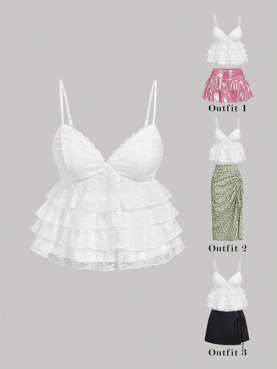 SHEIN MOD 白色多层蕾丝荷叶边吊带背心 - 白色 - 查看 1