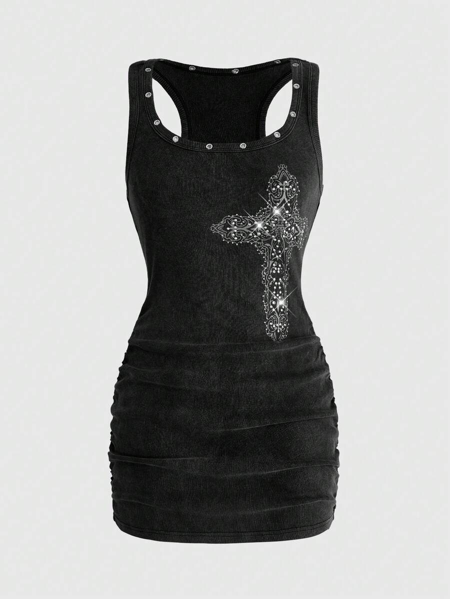 ROMWE Grunge Punk Summer Festival Punk Cross Print Rhinestone Vintage Wash Mini Dress For Women - Black - View 1