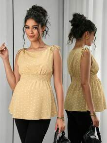 Momance Áo tank top bầu không tay, kiểu dáng xoắn phía trước, họa tiết chấm bi, thích hợp cho mùa xuân/hè. - Màu vàng - Xem 6