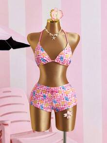 SHEIN X Care Bears Bộ bikini buộc cổ in hình gấu hồng và kẻ caro - Hồng - Xem 1