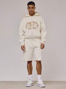 Musero Cropped Zipped Through Centre Chest Graphic "97" Print Sweat Jacket Co Ord Top Only Spring Summer Essentials Lounge - Apricot - View 5