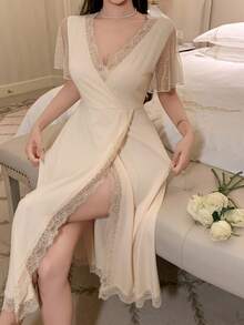 DAZY Knitting Patchwork Polka Dot Mesh Women's House Dress Pajama - Apricot - View 3