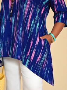 EMERY ROSE 大码女式圆领七分袖不对称下摆休闲白衬衫，春夏秋季女装 - 彩色 - 查看 6