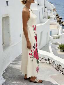 SHEIN Holidaya Summer Vacation Floral Print Beaded Detail Halter Neck Dress - Apricot - View 4