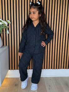 Dazy Kids Girls' Plaid Embroidered Long Sleeve Top And Pants Pajama Set, Young Girl Fall Clothes - Navy Blue - View 2