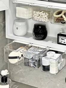 1/2/4 PCS Expandable Clear Simple Plastic Bathroom Mirror Cabinet Hidden Pull Out Drawer Style Cosmetic Organizer With Hanging Rack For Cotton Swabs Cotton Pads Lipstick - Transparent white - View 12