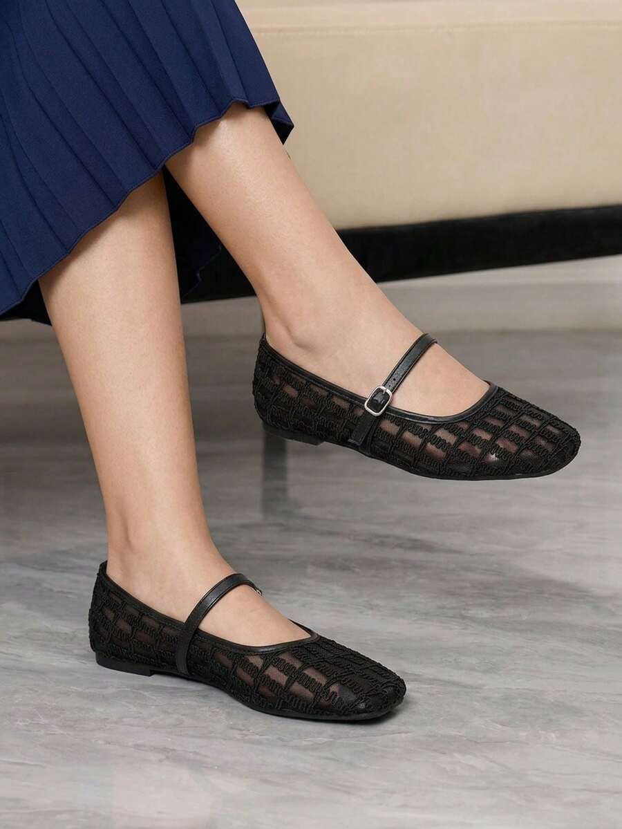 Sleekvia Ladies Fashion Elegant Lace Mesh Comfortable Square Toe Flat Sole Shoes - Black - View 1
