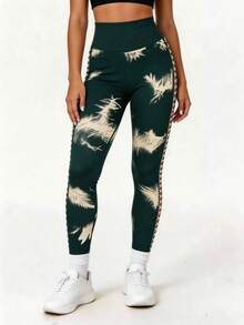 High Performance Tie Dye Leggings With Lace - For Yoga And Workout - 墨綠色 - 查看 3