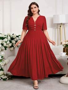 Reflora Red Plus Size Women V-Neck Ruched Waist Elegant Satin Party Summer Dress,Wedding Guest Formal Evening Gown,Prom Graduation Birthday Holiday Outfits - Red - View 12