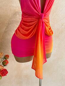 Soleia Đầm ngắn xếp ly thắt nút xoắn gradient mới, thích hợp cho tiệc tùng, hẹn hò, ngày Valentine, lễ Phục sinh, lễ hội, tiệc trà chiều, đi biển, du thuyền, kỳ nghỉ thành phố, phong cách Bohemian, Boho, du lịch, trang phục nữ mùa thu, cổ điển, ngày lễ. - Màu Hồng baby - Xem 3