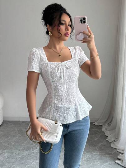 Rafferiza Women Elegant Solid Color Hollow Out Embroidery T-Shirt, Summer