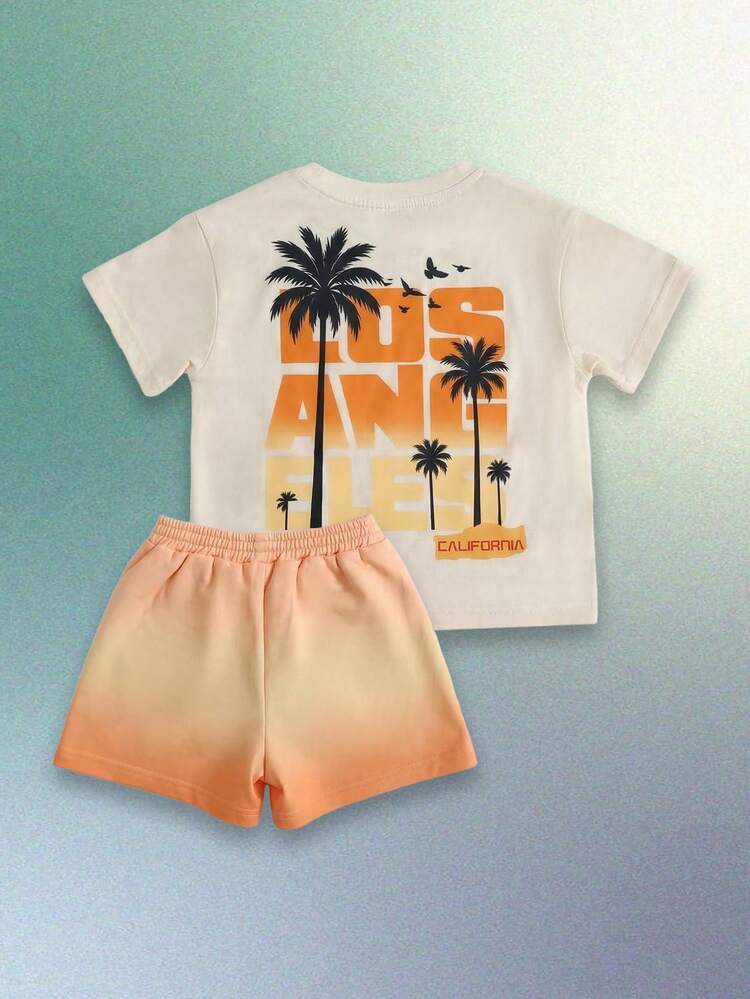 Boys Summer California Palm Tree Graphic Tee And Gradient Ombre Shorts Set Los Angeles Casual Vacation Outfit