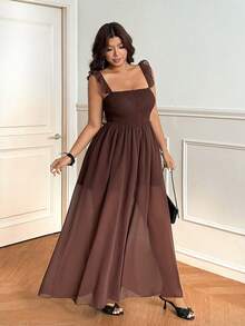 Vionelle Plus Size Women's Solid Color Sexy Off-Shoulder Wide Leg Jumpsuit - Brown - View 2