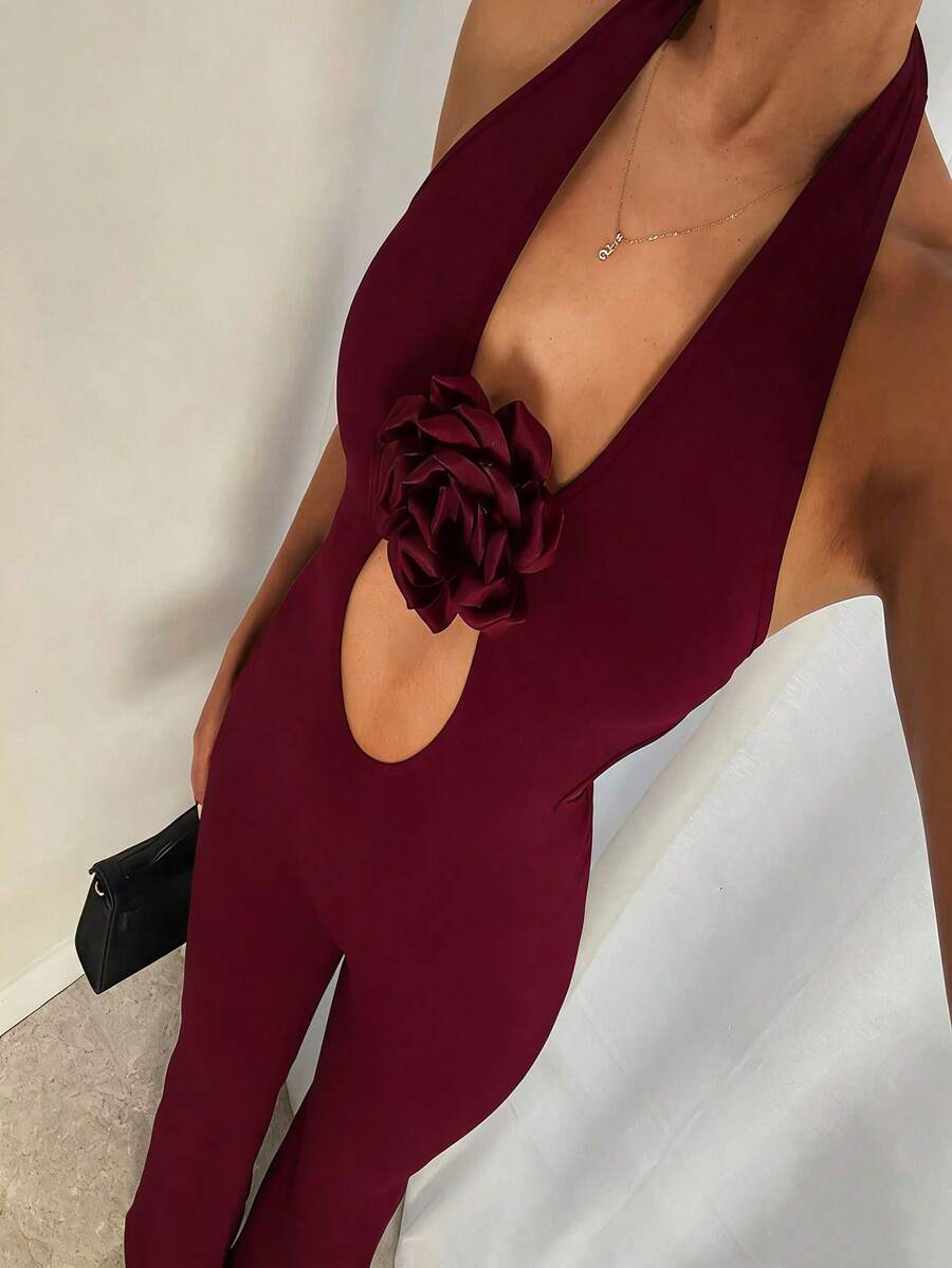 Glamine 女士3D立体花卉装饰露背系带休闲日常连体裤 - 紅色 - 查看 1