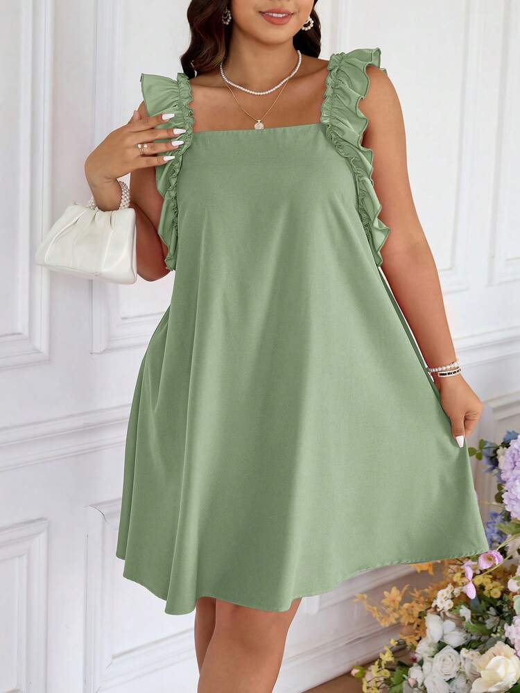 SHEIN Frenchy 大码夏季浪漫优雅荷叶边拼接连衣裙，适合海滩度假、婚礼季、浪漫约会 - 綠色 - 查看 3