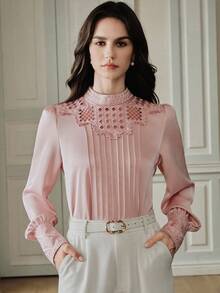 Anewsta 2026 Spring New Elegant French Style Casual Women Hollow Out Embroidery Blouse - Pink - View 5
