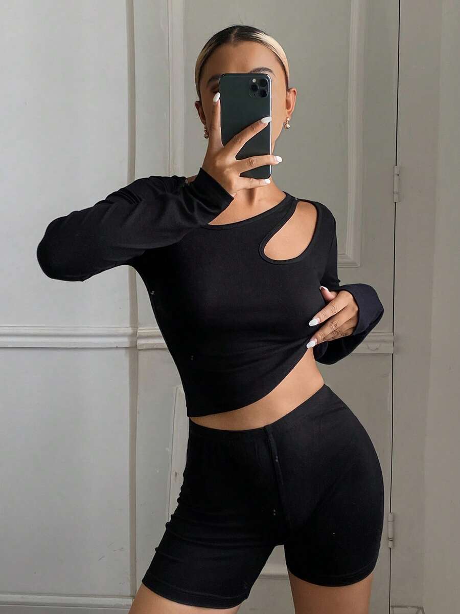 Livesso 舒适针织镂空领修身女士家居服套装，春夏款 - 黑色 - 查看 1