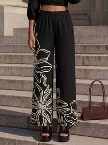CAJUNI Women's Vacation Solid Color Lantern Sleeve Hollow Out Cropped Halter Top And Floral Print Pants Set - Black - View 4