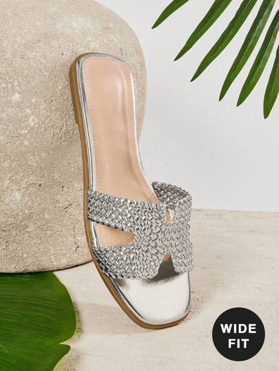 SHUZIA #WideFitQuietLuxury Dép lê nữ mũi vuông dệt tay bằng da thuần chay màu bạc – Lấy cảm hứng từ thẩm mỹ của các nhà thiết kế, kiểu dáng rộng rãi, tối giản và thanh lịch.