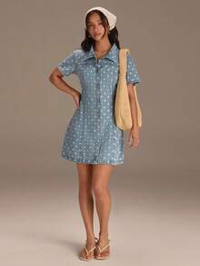 Athîral 女士休闲度假短袖翻领印花系带牛仔衬衫 - 深色水洗藍 - 查看 3