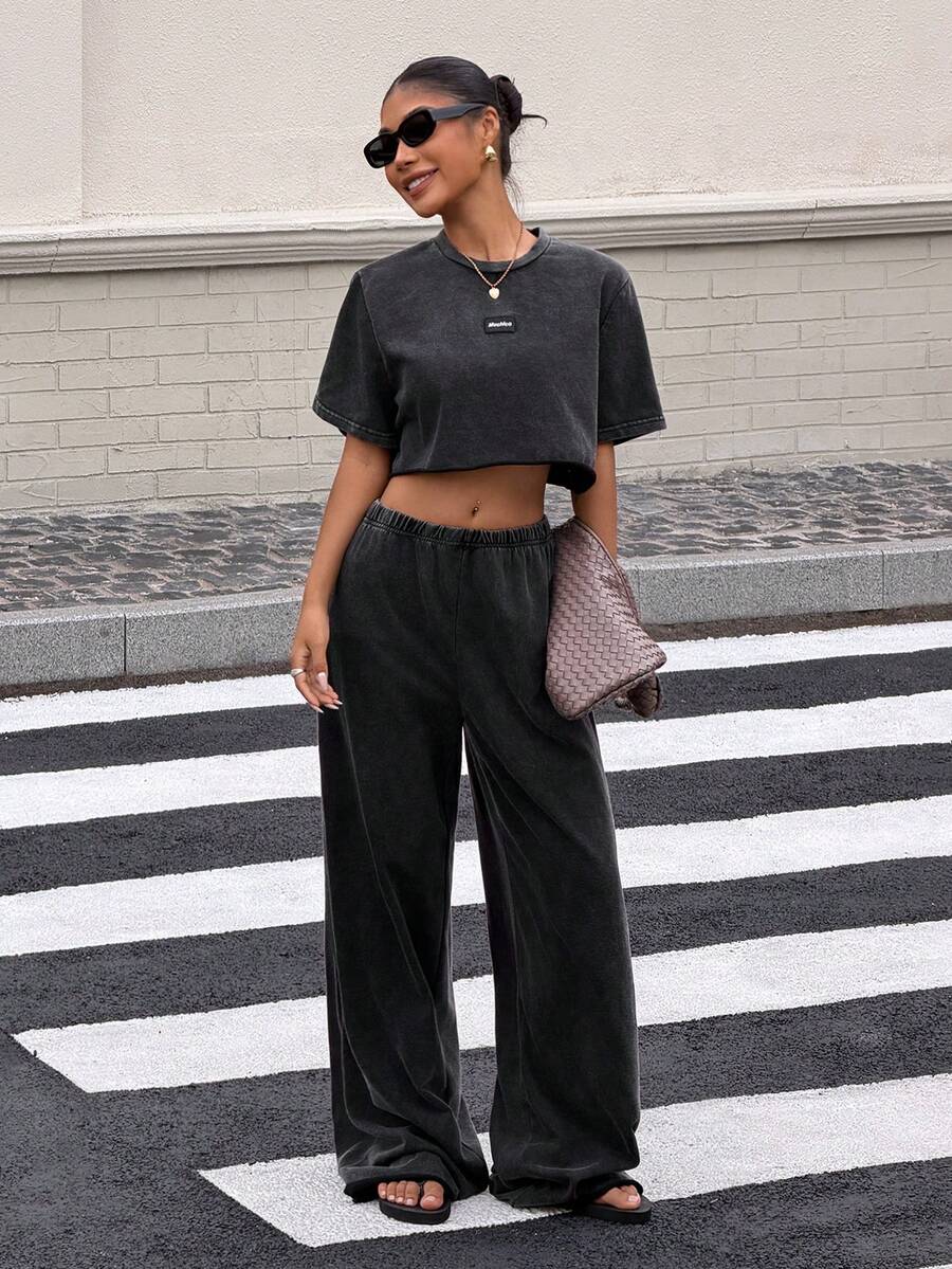 Muchica 女士休闲时尚街头风日常通勤装饰短袖露脐T恤和阔腿裤套装，春夏款 - 黑色 - 查看 1