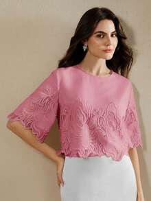 Anewsta New Arrival Spring/Summer Elegant Solid Color Embroidered Sheer Rhinestone Decor Round Neck Sleeveless Top For Women - Pink - View 4