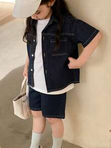 Hapijoa Young Girl Solid Color Regular Shoulder Short Sleeve Front Button Denim Suit, Summer Fashion - Navy Blue - View 3