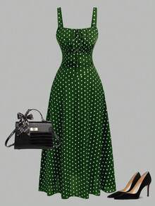 Auvina 夏季大码优雅通勤波点印花吊带裙 - 綠色 - 查看 1