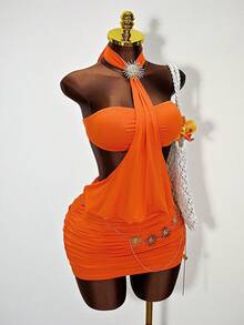 Zestiva Summer New Energetic Orange Solid Color Halter Neck Dress, Metal Decor Hollow Out Back Pleated Bodycon Mini Skirt, Suitable For Dragon Boat Festival, Vacation, Birthday Party, Sexy Vibe - Orange - View 5