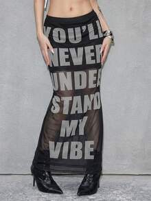 ROMWE Avant Oversized English Text Mesh Blurry Print Slim Fit Maxi Skirt - Black - View 4
