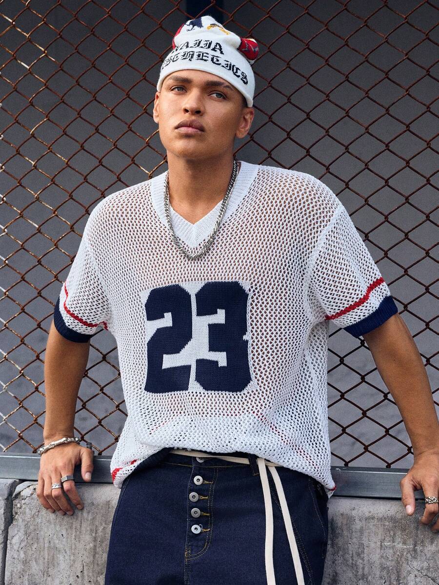 EVRINFINITE 2026 Intarsia Knit Sweater For Men With Hollow-Out Numeric 23 Design, European & American Holiday Style Number Jersey Knit Jersey Men Mesh Top Crochet Jersey Men's Crochet Set - White - View 1