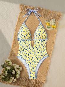 Swim Mod Women's New Ditsy Floral Backless One-Piece Swimsuit, Fashionable And Sexy For Beach Vacation, Spring/Summer - Yellow - View 3
