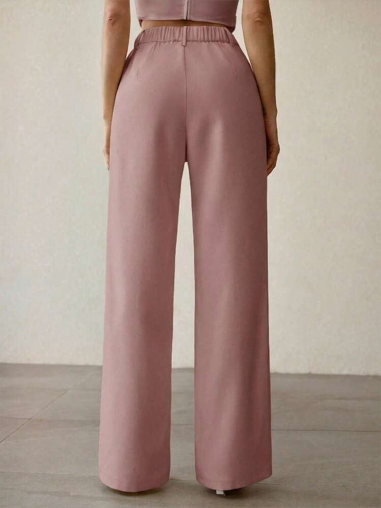 WOMEN'S ELEGANT SOLID COLOR SLANT POCKET PLEATED STRAIGHT LEG SUIT PANTS