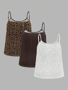 SHEIN EZwear 3件套复古印花、豹纹、波点、节日图案休闲简约大码吊带背心，适合音乐节穿着 - 彩色 - 查看 2