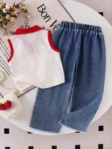 女童（小号）杏色针织纹理面料翻领无袖草莓刺绣背心上衣和直筒牛仔裤两件套，夏季儿童时尚通勤优雅女童校园风 - 杏色 - 查看 2