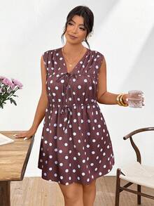 Lounesse Vestido casual de mujer talla grande con cuello en V, fruncido, cintura con lazo, sin mangas, suelto, para vacaciones, uso diario y salidas, nuevo vestido de lunares azul marino de moda para primavera-verano 2026 - Marrón - Ver 3
