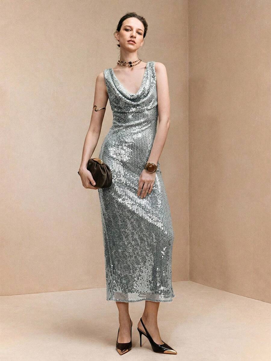 Arave Vestido ajustado con cuello drapeado, sin mangas, con detalles de lentejuelas, elegante para citas - Plateado - Ver 1