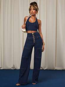 NYA SZN 女士纯色露背吊带修身无袖牛仔上衣 - 深色水洗藍 - 查看 3