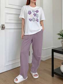 DAZY Floral Print Drop Shoulder Tee & Pants Lounge Set Pajama - Multicolor - View 3