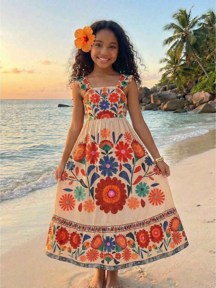 Tween Girls' Summer Beach Vacation Totem&Floral Print Square Neck Cap Sleeve Ruffle Hem Maxi Dress Mexican Style Girls Embroidery Girl Dresses - Multicolor - View 1