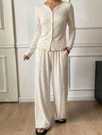 DAZY ポルカドットプリント 長袖ボタンアップトップ&パンツ パジャマセット、秋冬用衣類